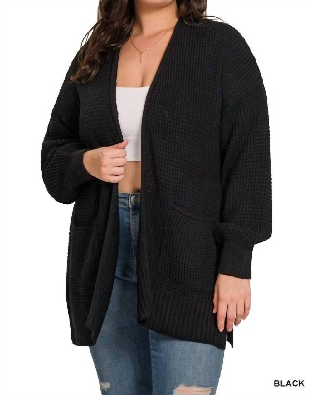 NEW ZENANA gauge waffle open cardigan in black